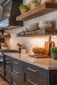 Kitchen Backsplash Ideas With Floating Shelves, Wallpaper Behind Floating Shelves Kitchen, Kitchen Ideas With Open Shelves, Kitchen With Pot Rack, Metal Open Shelving Kitchen, Dark Wood Open Shelves Kitchen, Stove With Floating Shelves, Sconces Over Floating Shelves Kitchen, Open Shelves Kitchen Sink