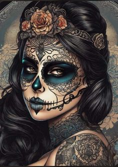 a woman with blue makeup and day of the dead make up