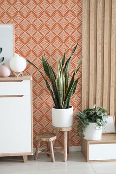 an orange and white wallpaper in a living room with two potted plants on stools