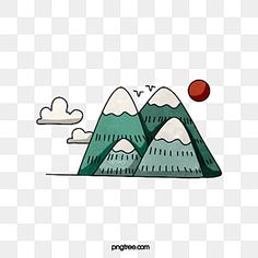 an image of mountains with clouds and red ball on the mountain top, drawing, illustration png and psd