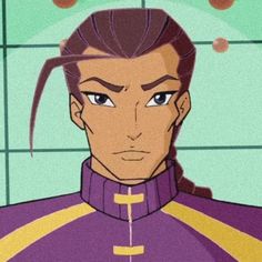 an animated image of a man with long hair wearing a purple suit and gold trim