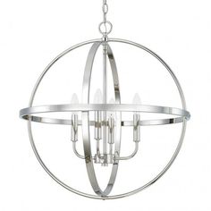 a chandelier with four lights hanging from the center and two circular rings around it