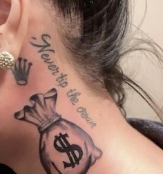 a woman with a tattoo on her neck has a bag of money behind her ear