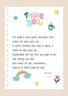 a thank card with an image of a rainbow and stars on the bottom, in pink