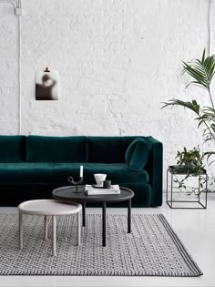 a living room with a green couch and two tables in front of the couch is a potted plant