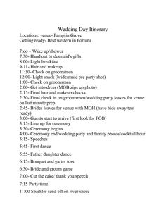 the wedding day itinerary list is shown