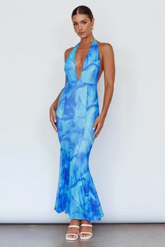 Shop the Mayah Halterneck Maxi Dress Printed Blue | Selfie Leslie Blue Maxi Length Backless Dress For Night Out, Blue V-neck Maxi Dress For Prom, Summer Backless Maxi Dress With Keyhole Back, Blue Halter Neck Maxi Dress With Tie Back, Summer Gala Backless Maxi Dress, Blue Backless Maxi Dress With Tie Back, Summer Tie Back Maxi Dress For Prom, Blue Fitted Backless Halter Neck Dress, Blue Fitted Halter Neck Backless Dress