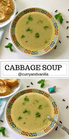 two bowls filled with soup next to bread