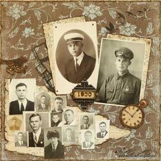 an old photo with many different people and a clock on the table next to it