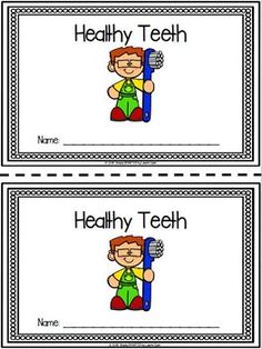 two name tags with the words healthy teeth and a cartoon character holding a toothbrush