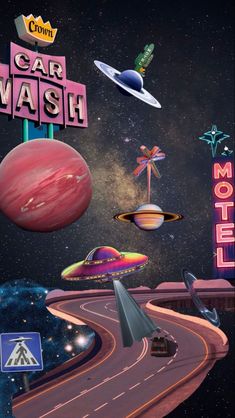 an image of a car wash sign in the sky with cars and planets around it