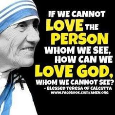 a woman wearing a blue and white hat with a quote from the book if we cannot't love the person who we see, how can we love god?