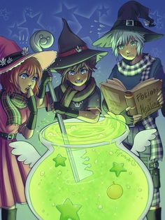 three witches are gathered around a green liquid