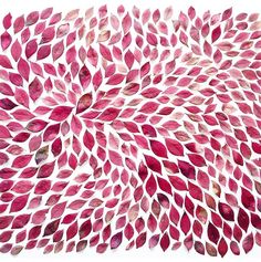 an abstract painting with red leaves on white paper in the shape of a spiral design