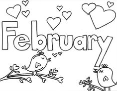 a coloring page with two birds sitting on a tree branch and the word february written in large letters