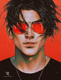 a painting of a man with red sunglasses on his face and hair blowing in the wind