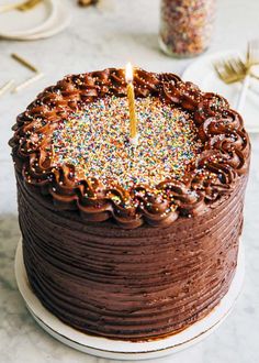 a chocolate cake with sprinkles and a lit candle