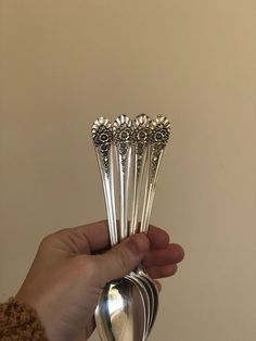 a hand holding a set of five silver spoons