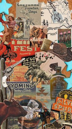 a collage of various images including cowboy related items