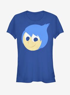 a women's blue t - shirt with an emo face