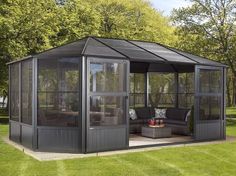 Sojag™ Charleston 4-Season Sunroom Kit Dark Gray with Steel Roof - The Better Backyard Sunroom Kits, Steel Roof Panels, Screened Gazebo, Double Sliding Doors, Pvc Windows, Aluminum Roof, Roof Colors, Patio Gazebo, Loft Living