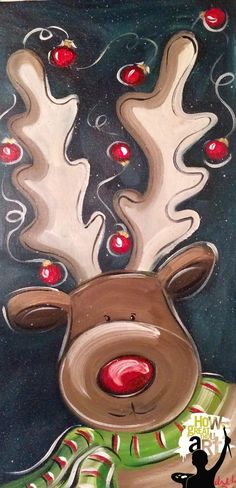 a painting of a reindeer with christmas lights on it's antlers and nose