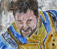 a drawing of a man in yellow and blue jacket with his hand on his chest