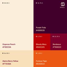 the color scheme for an orange, red, and purple palette is shown in three different colors