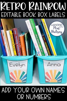 two blue plastic bins with name labels on them, each containing books and the words petro rainbow