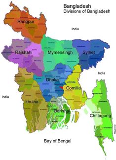 map of bangladesh showing the major towns and their respective rivers in different colors, including blue, green, red, purple, yellow