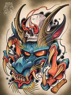 a skull with horns and fangs on it's face is depicted in this tattoo design