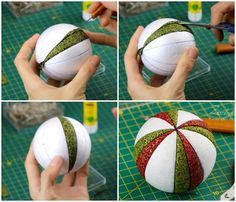 four pictures showing how to make a christmas ball ornament with ribbon and sequins