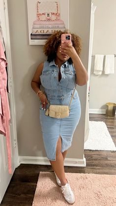 Summer casual outfit Check more at https://beautyfashionideas.com/dress/summer-casual-outfit-2/ Samba Outfits Women Fall, Plus Size Sneaker Ball Outfit, Clothing Haul Aesthetic, Classy Summer Outfits Aesthetic Casual, Denim Dress Outfit Black Women, Essence Aesthetic, Denim Dress Outfit Summer, Denim Dress Outfit Ideas, Chic Denim Outfits