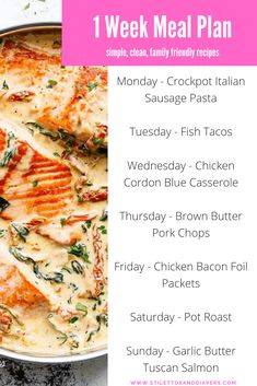 the meal plan for one week is shown in pink and white, with an image of chicken