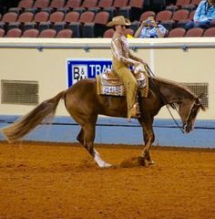 a man riding on the back of a brown horse in an arena at a rodeo