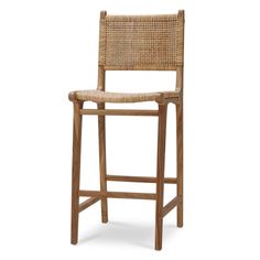 a wooden bar stool with wicker seat and backrests on an isolated white background