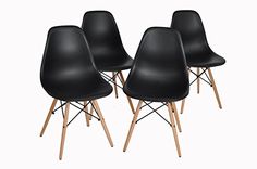 four black plastic chairs with wooden legs