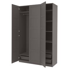 an open gray cabinet with shelves and drawers