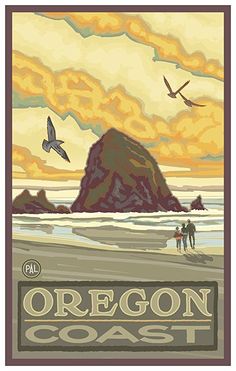 the oregon coast poster shows people walking on the beach and seagulls flying in the sky