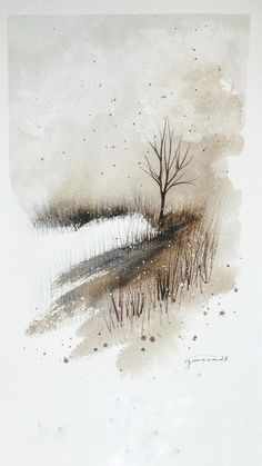 a watercolor painting of a lone tree in the middle of a snow covered field