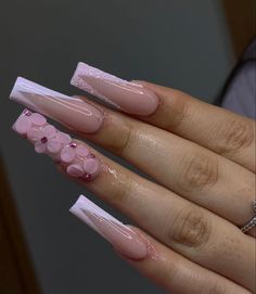 Pink 3d Flower Nails Short, Aqua Nails, Long Acrylic Nail Designs, Glow Nails, Long Acrylic Nails Coffin