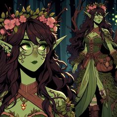 two women dressed up as elves in the woods with flowers on their heads and green hair