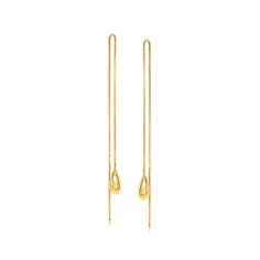 Ross-Simons - 14kt Yellow Gold Teardrop Threader Earrings. This 14kt yellow gold pair takes a sleek and modern approach to the ever-popular drop earring, showcasing glossy teardrops that dangle from slinky box chains. When threaded evenly through the lobe, the hanging length is 2 1/4", but can be adjusted to your preference. 14kt yellow gold teardrop threader earrings. Modern Teardrop Yellow Gold Linear Earrings, Modern Yellow Gold Teardrop Pierced Earrings, Modern Yellow Gold Teardrop Linear Earrings, Modern Yellow Gold Teardrop Earrings, Modern Yellow Gold Long Drop Threader Earrings, Yellow Gold Drop Threader Earrings For Formal Occasions, Formal Yellow Gold Threader Drop Earrings, Modern 14k Gold Teardrop Linear Earrings, Modern Yellow Gold Threader Earrings