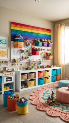 a child's playroom with toys and storage