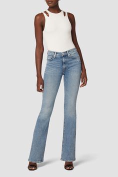 Description Streamlined and flattering, our Barbara High-Rise Bootcut Jean in medium indigo Pure Shores is cut for a slim, contoured fit with an elevated waistline and a gently flared leg. Made from premium super stretch denim, it’s finished with gentle destruction and classic five-pocket details. Product Details 5 pocket stylefront rise: 10.25", leg opening: 19", inseam: 34.5" model height 5’8"model wearing size 25measurements based on size 27 Fit & Care Content: 93% Cotton 6% Polyester 1% Elas Medium Wash Fitted Mid-rise Flares, Blue High-rise Fitted Flares, Blue Fitted High Rise Flares, High Rise Bootcut Jeans, Family Women, Bootcut Jean, Flare Leg Jeans, Denim Branding, Hudson Jeans