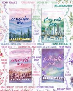 four book covers with flowers on them and the title for their novel, consider me