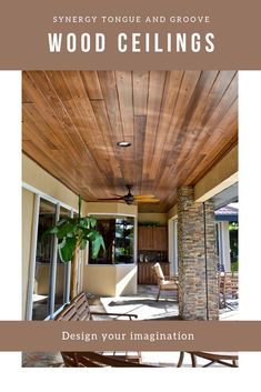 the front cover of a house with wood ceilings