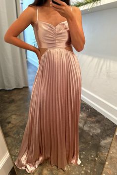 Shine bright like a diamond in our Blush Metallic Pleated Maxi Dress. The pleated bottom adds movement, while the ruched top and adjustable spaghetti straps offer a flattering fit. Perfect for any formal occasion, this dress is sure to turn heads. Zip up the side and get ready to stun! Model is wearing a size small. Stocked at Arlington Village. Pink Pleated Dress, Evening Gala, Denim Jewelry, Ruched Top, Shine Bright Like A Diamond, Pleated Maxi Dress, Pleated Maxi, Gala Dresses, New Arrival Dress