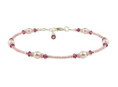 Custom handmade sterling silver fuchsia pink rose pearl beaded anklet. This pink beaded anklet created with pink seed beads, fuchsia pink Swarovski Austrian crystals, pink rose Swarovski crystal-based pearls, Bali .925 silver, and sterling silver. This beaded anklet is custom made to order and available in a variety of sizes. Pink Anklets For Festival, Handmade Pink Anklets As Gift, Elegant Pink Beaded Bracelets With Tiny Beads, Elegant Adjustable Pink Anklets, Elegant Pink Beaded Bracelet With Tiny Beads, Elegant Pink Adjustable Anklets, Pink Anklet, Handmade Anklets, Beautiful Anklet