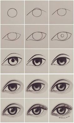 the steps to draw an eye with different angles and shapes for each individual's eyes